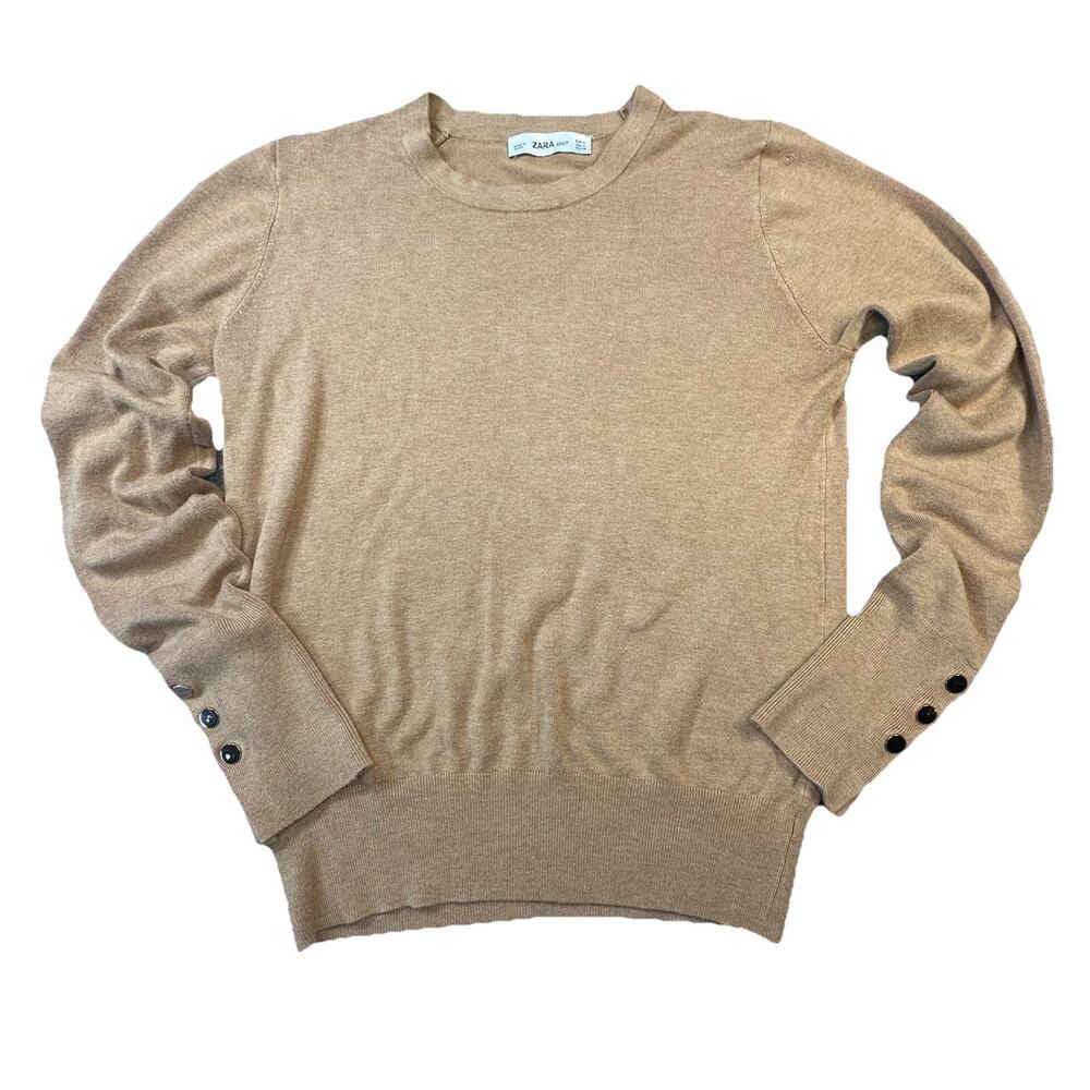 Zara Knit Tan Crewneck Sweater Womens Medium Button Sleeve Pullover -460